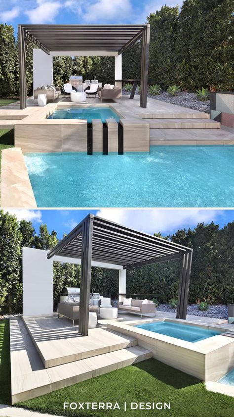 This modern pool backyard features a massive pool, playful water features, and a covered patio that not only provides shade on the sunniest days, but that also makes it possible to enjoy the yard in any weather. This narrow backyard patio design with pool & spa truly feels like a backyard resort. Tour this yard here & follow for more luxury backyard designs, modern pool designs & dream backyard inspiration. Patio Design With Pool, Dream Backyard Pool Luxury, Modern Pool Patio, Turf Backyard Ideas, Modern Luxury Backyard, Backyard Landscape Design, Modern Backyard Design, Luxury Pools Backyard, Backyard Resort