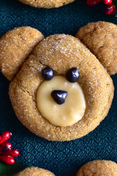 Gingerbear Thumbprint Cookies Gingerbear Thumbprint Cookies, Christmas Mouse Cookies, Mushroom Thumbprint Cookies, Christmas Cookies For Toddlers To Make, Christmas Cookies Toddlers, Baby Christmas Cookies, Mug Hugger Cookies, Gingerbread Thumbprints, Kaufman's Thumbprint Cookies