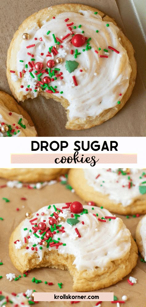 Drop Sugar Cookies with Vanilla Buttercream Frosting • Kroll's Korner Kroll Korner Cookies, Krolls Corner Recipes, Krolls Cookies Recipe, Krolls Korner Cookies, Christmas Drop Cookies, Vanilla Bean Buttercream Frosting, Fat Cookies, Krolls Korner, Cookie Swap Ideas