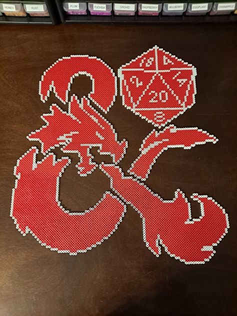 Dungeons And Dragons Perler Beads, Dnd Perler Bead Patterns, Perler Bead Patterns Dragon, Dungeons And Dragons Logo, Bead Templates, Geeky Cross Stitch, Crochet Grid, Perler Projects, Grid Patterns