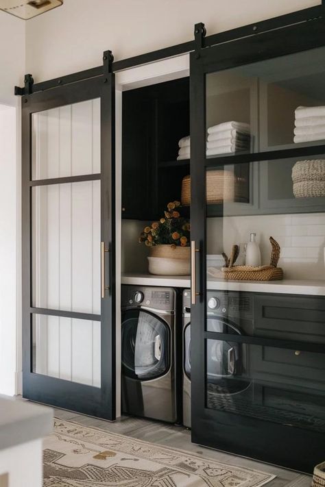 Stylish Laundry Room Doors Ideas to Elevate Decor Farmhouse Laundry Door Ideas, Laundry Cabinet Doors, Farm Door For Laundry Room, Laundry Room Double Doors, Sliding Door For Laundry Room, French Doors Laundry Room, Sliding Door Laundry Room, Laundry Room Sliding Door, Laundry Doors Ideas