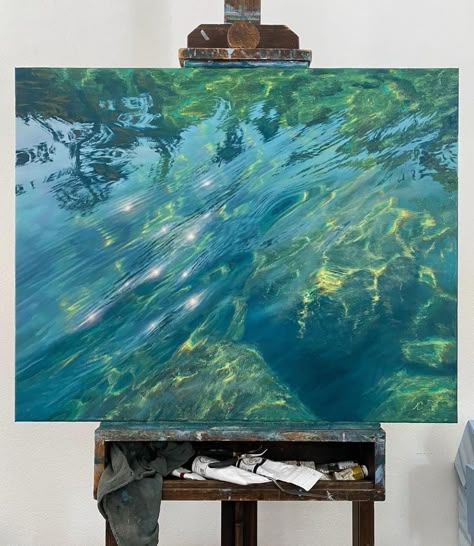 Painting What A Memory Feels Like, Oil Paint Water, Embossed Painting On Canvas, Magical Acrylic Painting, Water Surface Painting, Acrylic Water Painting, Ocean Water Painting, Acrylic Painting Water, Water Acrylic Painting