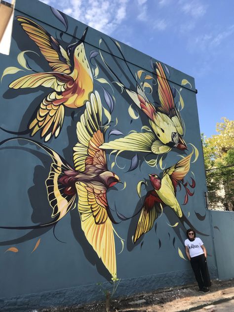 A Flurry of Feathers and Leaves Surround Spirited Birds in Fio Silva’s Vivid Murals | Colossal Mural Inspiration, Colorful Murals, Colossal Art, Animal Mural, Murals Street Art, Graffiti Murals, Mural Ideas, Mural Wall, Mural Wall Art