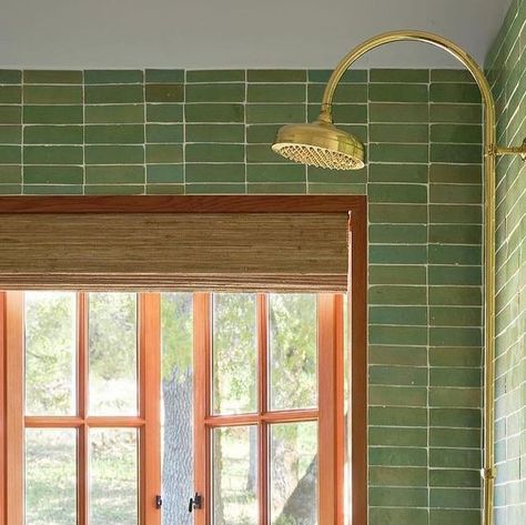 Zia Tile on Instagram: "Nature inside and out 🌿 Tidepool 2x6 zellige in all its multi-tonal glory from designer @eva_holbrook 📸 by @_jessicaburke" Spa Vibes, Zia Tile, Hill Country Homes, Forest Bathing, Zellige Tile, Tide Pools, En Suite Bathroom, Soaking Tub, Hill Country