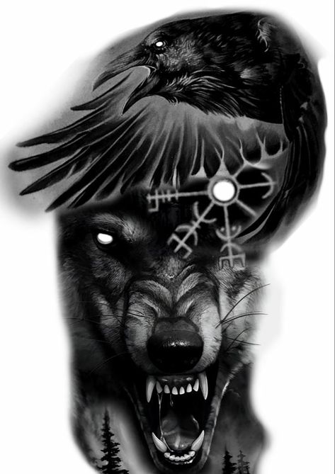 Wolf And Crow Tattoo, Wolf And Crow, Unique Hand Tattoos, Crow Tattoo Design, Unique Wrist Tattoos, Crow Tattoo, Cat Tattoo Designs, Nordic Art, Line Work Tattoo