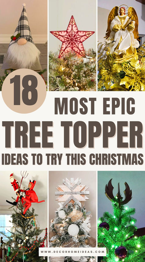 Make your Christmas tree the star of the season with 18 stunning tree topper ideas! From sparkling modern designs to rustic DIY creations, these toppers add the perfect finishing touch to your holiday decor. Discover how to crown your tree with style and create a show-stopping centerpiece! Black Angel Christmas Tree Topper, Homemade Tree Toppers Christmas, Diy Owl Tree Topper, Non Traditional Tree Topper, Diy Snowflake Tree Topper, Cricut Tree Topper, Pencil Christmas Tree Topper Ideas, Ideas For Tree Toppers, Floral Tree Topper