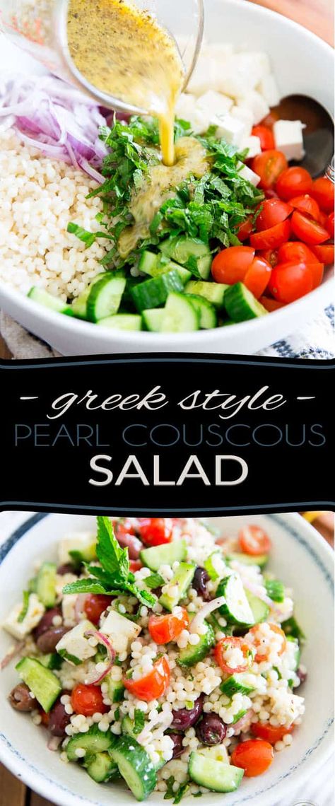 Pearl Couscous Recipes, Greek Couscous Salad, Pearl Couscous Salad, Couscous Salad Recipes, Traditional Greek Salad, Pearl Couscous, Couscous Salat, Couscous Recipes, Couscous Salad