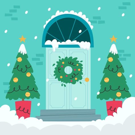 Christmas Flat Illustration, Christmas Door Illustration, Friday Illustration, Door Illustration, Illustration Flat, Winter Door, 2022 Christmas, Navidad Diy, Alphabet Activities