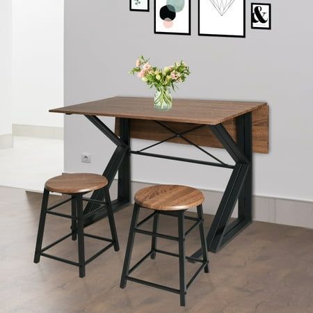 Crafted from high-quality material, our breakfast nook table set is built to last. The sturdy table features a drop leaf design, allowing for easy extension when you have guests over or need extra dining space. When not in use, simply fold down the leaves and tuck it away to save space. Size: 1*Foldable Table+2*Chair.  Color: Brown. Corner Bistro Table, High Kitchen Table Small Spaces, Kitchen Table Ideas For Small Kitchen, Small Drop Leaf Kitchen Table, Small Dining Area Ideas In Living Room, Small Space Table And Chairs, Desk In Dining Room Ideas Small Spaces, Tables For Small Kitchen, Breakfast Nook Small Space