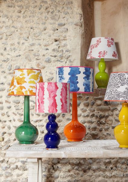 KDLoves - NEW - Ceramic lamp bases from £180, Lampshades in Bethie Tricks, from £265 | Interior Styling & Writing at it's best. Eclectic Lamps, Colorful Table Lamp, Funky Lamps, Colorful Lamp Shades, Classic Lamp, Designer Table Lamps, Statement Lamp, Ceramic Lamp Base, Yellow Lamp