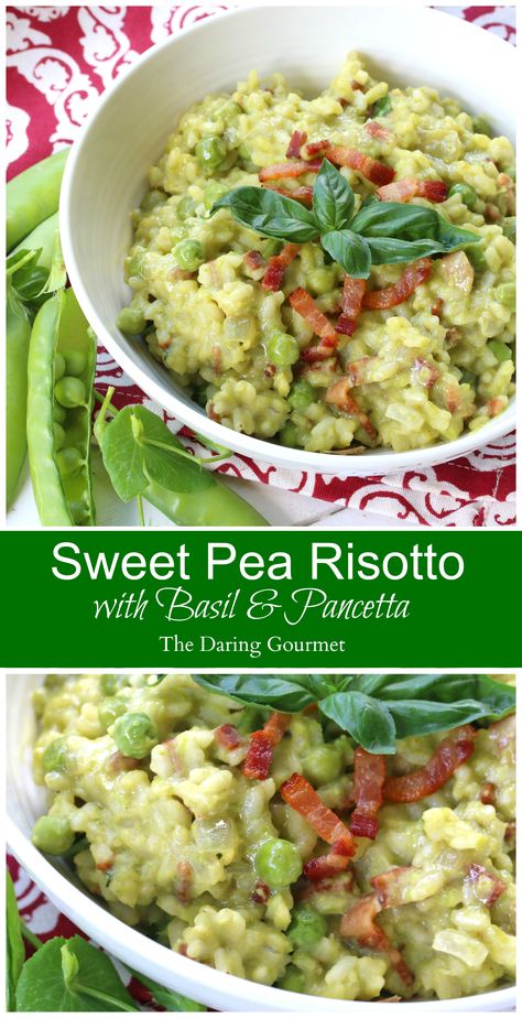 Panchetta Recipes, Spring Risotto, Filet Mignon Chorizo, Daring Gourmet, Pea Risotto, Risotto Recipes Easy, Risotto Dishes, Recipes Rice, Risotto Recipe