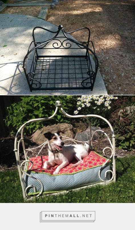 DIY distressed iron dog bed.  Found this "Garden Art" at a sale.  Thought it would make a perfect dog bed.  Spray painted and then sanded areas for a distressed look.  Measured how far up I wanted the bed to go and made the sides that thick.  Quilted the bed and piped the edges.  My little Queen Bea has the perfect princess bed. - created via http://pinthemall.net Iron Dog Bed, Bed Spray, Luxury Pet Beds, Sun Dogs, Diy Dog Bed, Princess Bed, Dog Furniture, Barn Quilts, Dog Beds