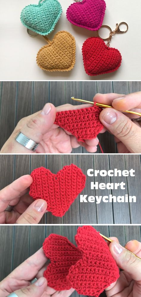 Crochet Heart Step By Step, Crochet Heart Keyring, Valentine Crochet Gift Ideas, Simple Crochet Keychain Pattern, Crochet Valentines Keychain, Heart Crochet Projects, Crocheted Keychains Free, Simple Crochet Beginner, How To Make Crochet Keychain