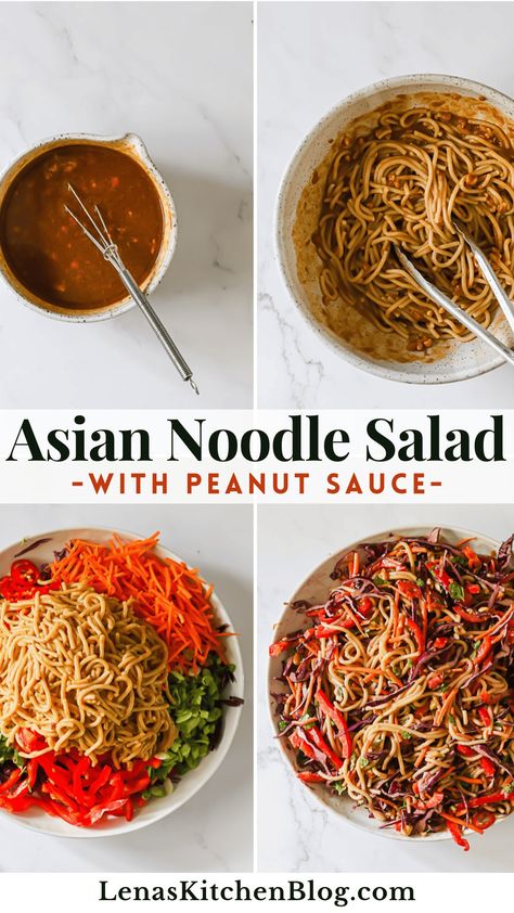 This Asian Noodle Salad is perfectly crunchy, creamy, and satisfying! It’s packed with fresh vegetables and tender rice noodles tossed in a spicy peanut sauce. This salad works well as a standalone meal or a side to grilled meats. Spicy Thai Noodle Salad, Asian Noodle Salad Recipe, Spicy Thai Noodles, Thai Noodle Salad, Asian Salad Recipe, Asian Noodle Salad, Rice Noodle Salad, Noodle Salad Recipes, Spicy Peanut Sauce