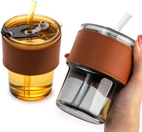 DEAYOU 4 Pack Glass Water Tumbler with Glass Straw and Lid, 13 oz Carry on Drinking Glasses, Thick Wall Colored Glass Cups with Insulated Leather sleeve for Coffee, Iced Tea, Juice (Amber, Gray) Amber Gray, Straw Tumbler, Tea Juice, Water Tumbler, Glass Cups, Glass Straws, Cup With Straw, African Safari, Leather Sleeve