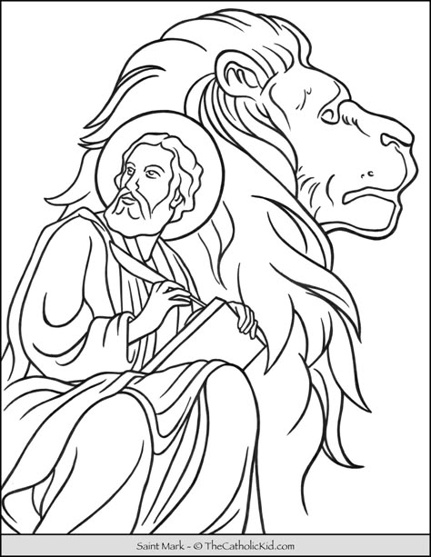 Saint Mark Lion Coloring Page - TheCatholicKid.com Easter Bible Crafts, Bible Coloring Pages For Kids, Catholic Coloring Pages, Jesus Sketch, Lion Coloring, Jesus Art Drawing, Saint Coloring, Lion Coloring Pages, Fathers Day Coloring Page