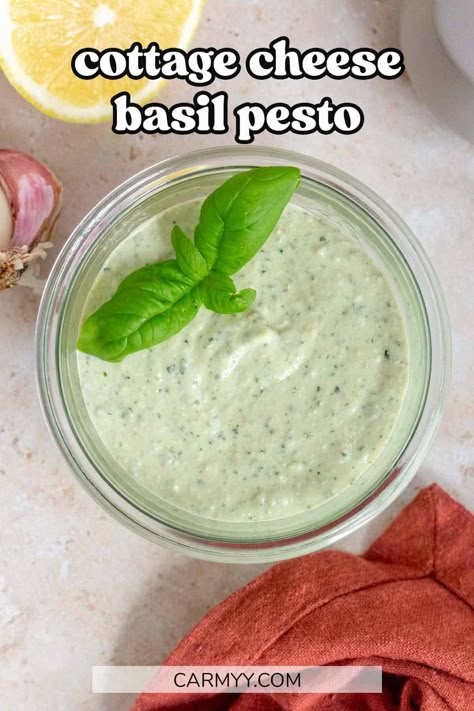 All you need are a handful of ingredients to make a simple homemade cottage cheese pesto! High in protein and full of delicious flavors, this cottage cheese pesto is perfect for so many recipes. Cottage Cheese Avocado Dressing, Cottage Cheese Puree Recipes, Pesto Cottage Cheese, Cottage Cheese Sauce For Chicken, Cottage Cheese Pesto Sauce, Cottage Cheese Dressing Recipe, Cottage Cheese Salad Dressing, Cottage Cheese Pesto, Cottage Cheese Dressing