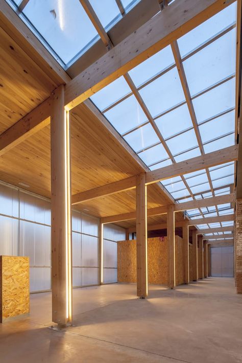 Nil Brullet Francí, Andres Flajszer · CAN LUNA · Divisare Columns Interior, House Columns, Snow Cabin, Timber Architecture, Timber Roof, Warehouse Design, Wooden Architecture, Timber Buildings, Wood Architecture