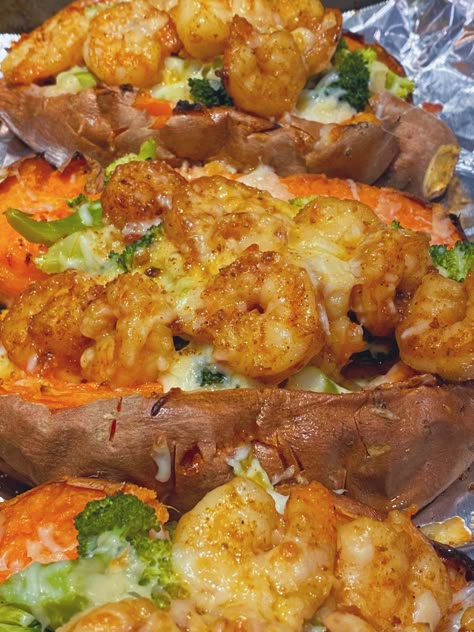 Loaded Shrimp And Broccoli Baked Potato, Shrimp And Broccoli Baked Potato, Stuffed Potatoes With Shrimp, Shrimp Potatoes And Broccoli, Shrimp And Sweet Potatoes Recipes, Sweet Potato And Shrimp Recipes, Stuffed Sweet Potato Recipes Beef, Sweet Potatoes And Shrimp, Shrimp With Sweet Potato