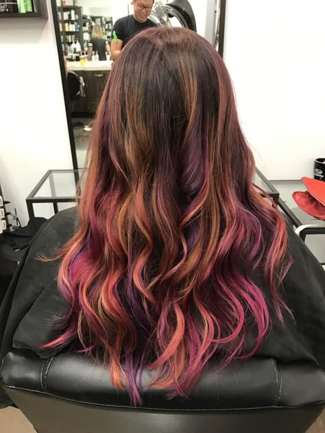 Orange Pink Highlights In Brown Hair, Brown Hair With Fantasy Colors, Copper And Purple Balayage, Brown Hair With Fun Highlights, Ginger To Purple Hair, Red And Purple Highlights In Brown Hair, Auburn Hair With Purple Highlights, Magenta Balayage Brunette, Magenta Highlights In Brown Hair