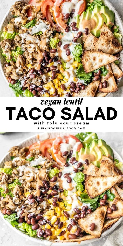 Vegan Taco Salad, Resep Pasta, Lentil Tacos, Vegan Taco, Taco Salad Recipes, Resep Salad, Vegan Sour Cream, Taco Salad, Macaroni Salad