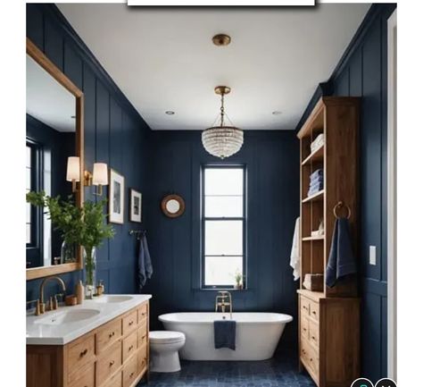 Dark Blue Panelling Bathroom, Blue Beadboard Bathroom, Blue And Wood Bathroom, Navy Blue Bathroom Walls, White Ensuite, Blue Brown Bathroom, Blue Beadboard, Dark Blue Bathroom, Blue Bathroom Walls