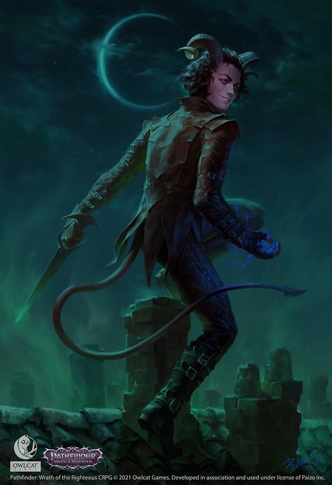 ArtStation - Arts for Pathfinder: Wrath of the Righteous, Anna Pavleeva Pathfinder Wrath Of The Righteous, Wrath Of The Righteous, Tiefling Rogue, Dnd Portraits, Arcane Trickster, Fantasy Creature, Pathfinder Rpg, Male Characters, Gender Envy