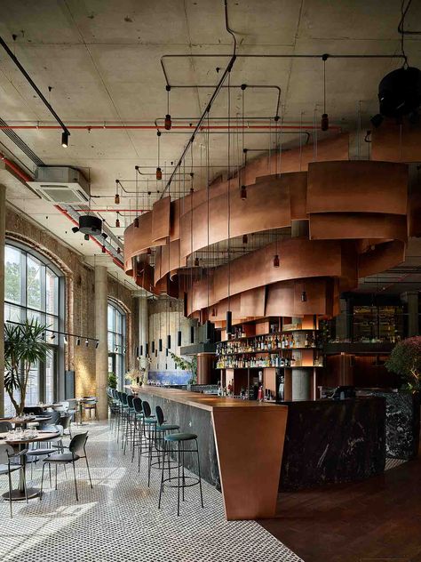 Restaurant Ognivo Industrial Restaurant Design, Luxury Bar Design, Yellow Window, Boat Noodle, Bar Concept, Hotel Lobby Design, Industrial Restaurant, Pub Design, Design Café