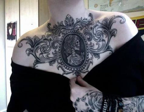 Luxurious Invitation, Cameo Tattoo, Chest Tattoo Female, Lace Tattoo Design, Crystal Tattoo, Tattoo Female, C Tattoo, Chest Piece Tattoos, Long Kurti