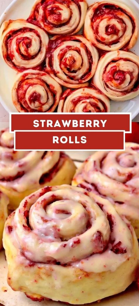 Strawberry Rolls | Page 2 of 2 Strawberry Donuts Recipe, Strawberry Roll Ups, Strawberry Rolls, Strawberry Cinnamon Rolls, Cinnamon Rolls Easy, Strawberry Donuts, Strawberry Dessert Recipes, Strawberry Preserves, Cream Cheese Glaze