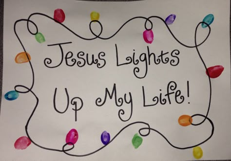 "Jesus lights up my life!" Thumbprint christmas lights Christmas Light Thumbprints, Jesus Lights Up My Life Craft, December Pre K Activities, Christian Toddler Crafts, Jesus Is The Light Craft, Christmas Lights Craft, Jesus Is The Light, Christmas Sunday School, Prek Crafts