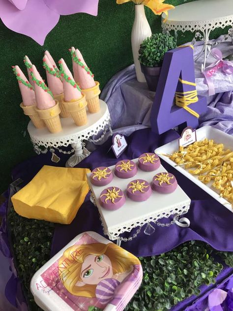 Rapunzel Birthday Table Decorations, Rapunzel Rice Krispie Treats, Tangled Dessert Table, Tangled First Birthday Party, Rapunzel Party Favors, Repunzal Birthday Party Ideas, Rapunzel Birthday Decorations, Rapunzel Birthday Party Decorations, Rapunzel Party Ideas