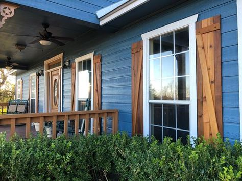 Wood Shutters Exterior, Improve Curb Appeal, Mobile Home Exteriors, Cedar Shutters, Exterior House Renovation, House Shutters, Home Exterior Makeover, Pintura Exterior, Brick Exterior House