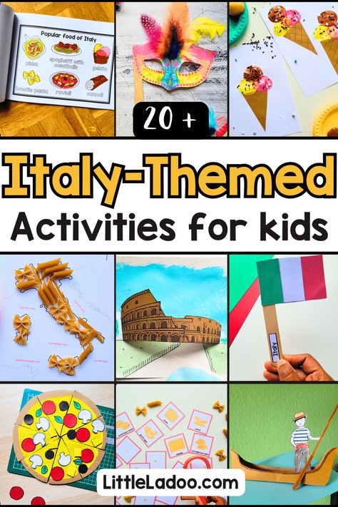 Italy Activities for kids - Crafts and Printables Travel Theme Activities For Kids, Preschool Italy Activities, Italy Unit Study For Kids, Italy Projects For Kids, Travel Around The World Crafts For Kids, European Crafts For Kids, Around The World Crafts For Toddlers, Around The World Crafts For Preschoolers, Country Activities For Kids