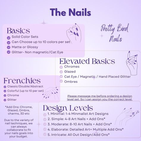 I recently streamlined the website so there aren't so many different options! These are the new categories/ design levels. Hopefully this makes your ordering experience much simpler! The length & shape of your nails never changes the price🖤 I am always happy to help or answer your questions! The first step to starting your nail journey is ordering a size kit or a shape finder! Can't wait to make nails for you, ♡Raven #customnails #custompressonnails #handpaintednails #luxurypressonnails #l... Things You Need To Start Doing Nails, Nail Growth Journey, How To Measure For Press On Nails, Parts Of The Nail Anatomy, How To Measure Press On Nails Size, Categories Design, Make Nails, Nail Journey, Nail Techniques