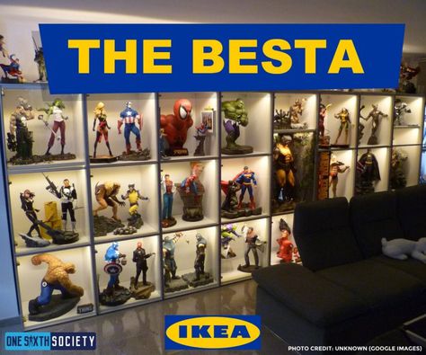 Modern Collection Display, Figure Room Ideas, Ikea Display Case, Deco Marvel, Toys Cabinet, Collectors Room Ideas, Batman Furniture, Vitrine Ikea, Toy Collection Room