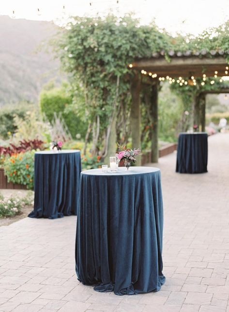 Navy Table Linens Wedding, Navy Velvet Tablecloth Wedding, Navy Cocktail Table, Blue Velvet Tablecloth Wedding, Cocktail Table Decorations, Navy Blue Outdoor Wedding, Nautical Centerpieces, Navy Photography, Wedding Cocktail Tables