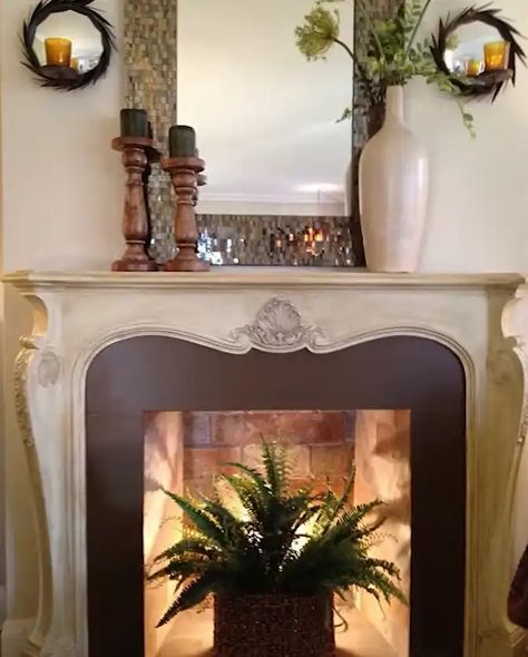 26 Awesome Empty Fireplace Design Ideas - Home Deviser Fireplace Filler Ideas Bohemian, Unused Open Fireplace Ideas, Styling A Non Working Fireplace, Inner Fireplace Decor Ideas, Decorating A Non Working Fireplace, Fireplace No Fire Ideas, Decorating Inside Of Fireplace, Open Fireplace Decor, Filled In Fireplace Ideas