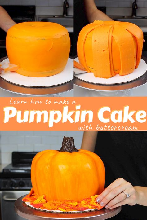 This pumpkin shape cake not only looks like a pumpkin, but it tastes like one too! It's made with pumpkin cake layers, and is the perfect Fall cake!! #pumpkincake #DIYpumpkincake #pumpkincakerecipe Pumpkin Shaped Cake, Best Frosting, Halloween Pumpkin Cake, Pumpkin Bundt, Cake Halloween, Pumpkin Bundt Cake, Pumpkin Cake Recipes, Fall Cakes, Buttercream Icing