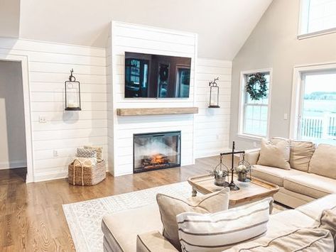 Dimplex Fireplace, Lakehouse Living Room, Shiplap Living Room, Weathered Concrete, Dimplex Electric Fireplace, Built In Electric Fireplace, Fireplace Tv Wall, Shiplap Fireplace, Electric Fireplaces