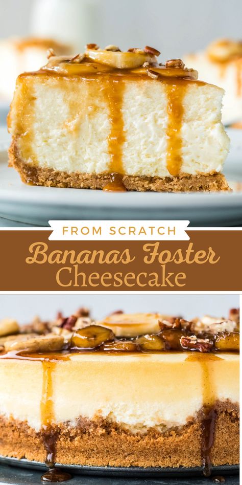 This creamy Bananas Foster Cheesecake is a perfect cheesecake, made from scratch, and topped with a sugary-sweet bananas foster sauce! #bananas #cheesecake #bananasfoster #cheesecakerecipes #christmas #bananarecipes Bananas Cheesecake, Bananas Foster Bread, Bananas Foster Sauce, Bananas Foster Cake, Banana Foster Recipe, Banana Foster, Perfect Cheesecake, Rum Sauce, Recipe Cheesecake