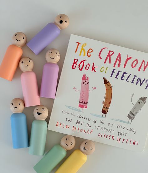 💛Helping little ones express their feelings one colorful peg doll at a time💛 Our gift set includes The Crayons’ Book of Feelings paired with hand-painted peg dolls showing different emotions. Available on Etsy Link in bio #learning #feelings #emotion #pegdolls #books #preschool #prek #kindergarten #handpainted #montessori #homeschoolmaterial #montessoritoddler #colors #giftset #gift Painting Wooden Peg Dolls, Peg Doll Stories, How To Paint Peg Dolls, Emotion Symbols, Crayon Book, Felt Play Mat, Playful Learning, Wood Peg Dolls, Kindergarten Books