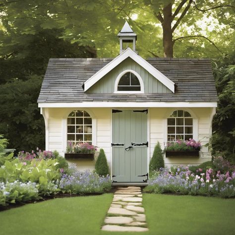 Charming Retreat: The Allure of a Cottage Garden Shed Garden Tiny House, Pretty Garden Shed, Diy Garden Shed Ideas, Garden Shed Landscaping Ideas, Tiny Garden House, Garden Shed Exterior Ideas, Garden Sheds Ideas, She Shed Exterior, Playhouse Garden