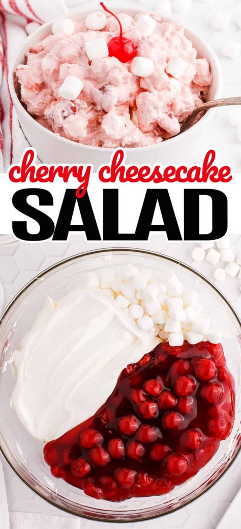 Cherry Cheesecake Salad is a sweet, fluffy dessert perfect for dipping all your favorite treats in or eating them by the spoonful! #Realhousemoms #cherry #cheescakesalad #dessert #fluffydessert #valentines #easter Cherry Fruit Salad, Cherry Cheescake, Cherry Fluff, Sweet Salads, Cherry Salad, Cheesecake Salad, Jello Salads, Cherries Salad, Homemade Cherry Pies