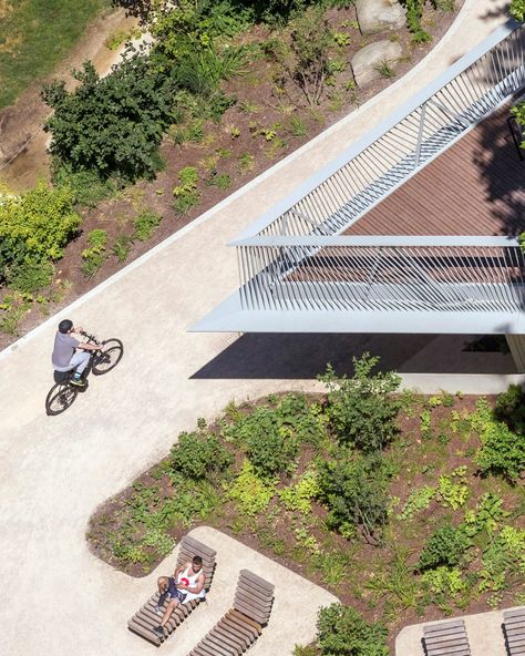 Bell Phillips creates The Tree House pavilion at London's Elephant Park Bamboo Decking, Elephant Park, Orchard Garden, Elephant And Castle, Plane Tree, Staircase Handrail, Community Space, Timber Cladding, London Park