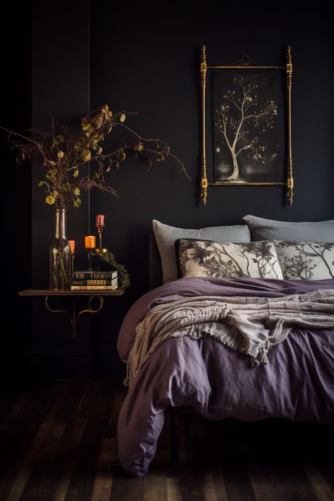 Dark Purple Room Ideas Bedrooms, Moody Purple Bedroom, Goth Bedroom Ideas, Goth Interior, Whimsy Goth Bedroom, Dark Cottagecore House, Victorian Style Furniture, Feminine Era, Purple Bedroom Decor