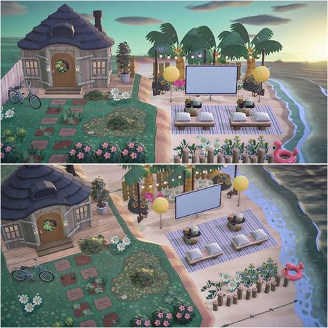 Acnh House Near Beach, Animal Crossing Side Beach Ideas, Acnh Beach Movie Theatre, Outdoor Theater Acnh, Acnh Private Beach Ideas, Movie Area Acnh, Acnh Outside Idea, Acnh Beach Neighborhood, Animal Crossing Island Inspiration Town Square