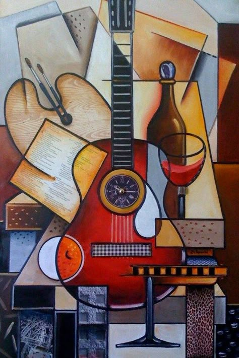 Cubism Guitar, Fragments Art, Guitar Art Painting, Guitar Abstract, Music Art Painting, Abstract Cubism, Arts Project, Cubist Art, Polygon Art