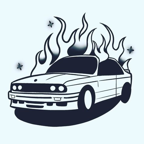 Car On Fire Tattoo, Nostalgia Ultra Tattoo, E30 Tattoo, Bmw Tattoo, Nostalgia Tattoo, Frank Ocean Tattoo, Nostalgia Ultra, Cool Tattoos For Girls, Tattoo Car