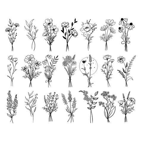 Meadow Tattoo, Flowers Silhouette, Clipart Flowers, Wildflower Tattoo, Floral Svg, Flowers Svg, Flowers Vector, Floral Png, Flowers Png